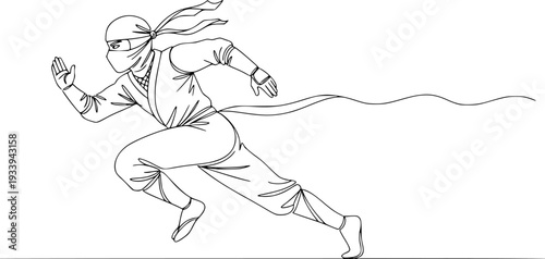 A minimalist line drawing depicts a ninja in mid-stride, running dynamically
