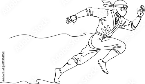 A minimalist line drawing depicts a ninja in mid-stride, running dynamically