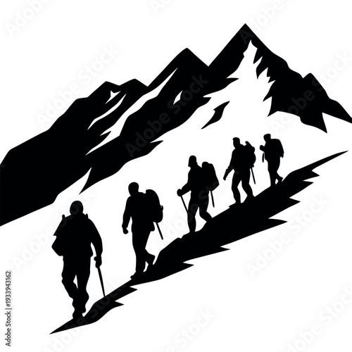 A silhouette of a group of trekkers walking  
