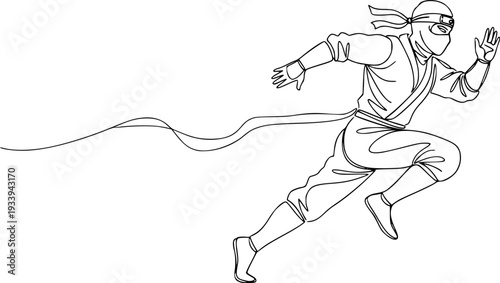 A minimalist line drawing depicts a ninja in mid-stride, running dynamically