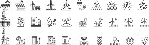 Renewable energy source icons including solar panels wind turbines and green electricity power