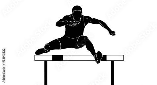 Athlete leaping over hurdle silhouette isolated on white background