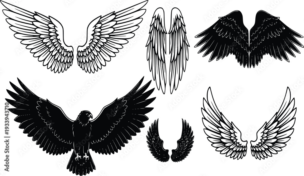 Naklejka premium Angel and Bird Wings Icon Set Heraldic Eagle Falcon Phoenix Vector
