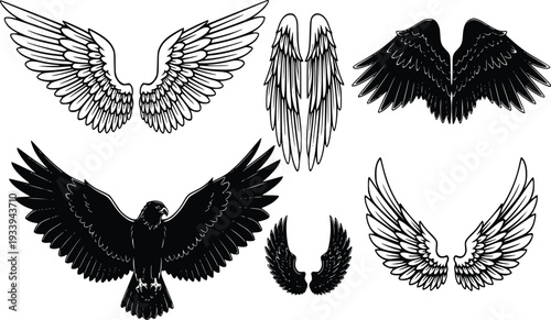 Angel and Bird Wings Icon Set Heraldic Eagle Falcon Phoenix Vector