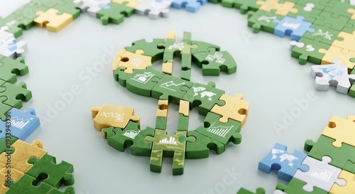 Green dollar sign made of jigsaw puzzle pieces on white background isolated