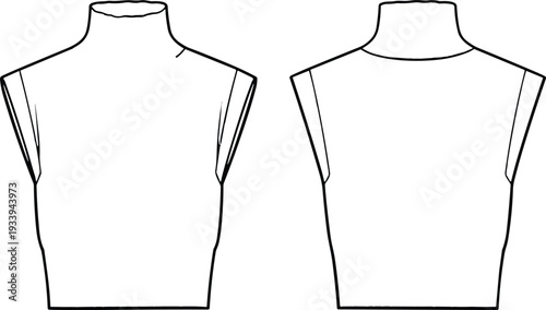 Sleeveless turtleneck crop top flat sketch, high neckline fashion design, CAD garment illustration, vector apparel drawing, technical clothing template, fitted silhouette