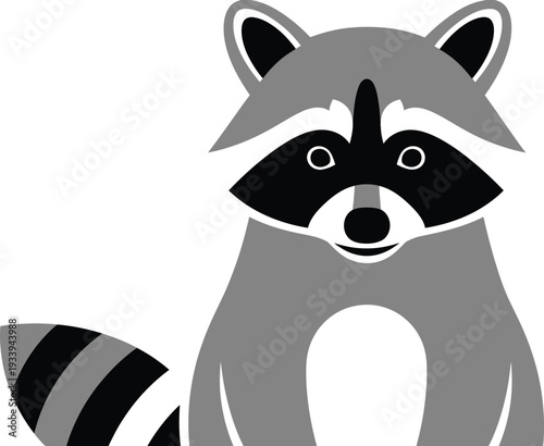 Raccoon portrait displays masked face and striped tail in grayscale graphic.