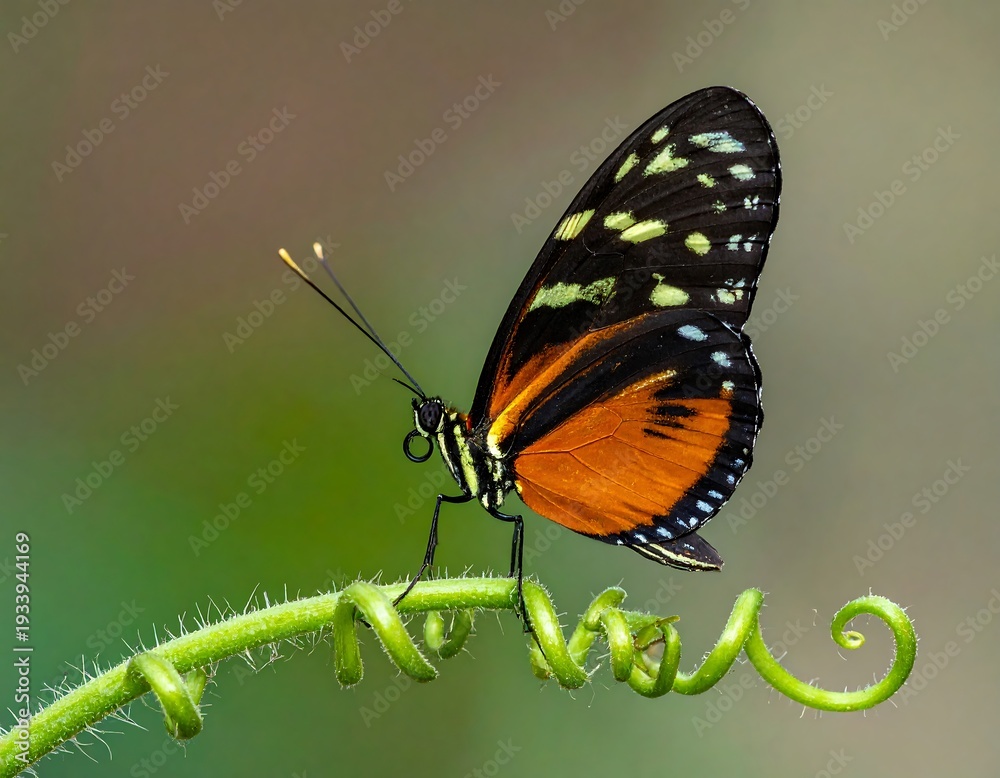 Fototapeta premium Side view of an orange and black patterned butterfly perched on a vibrant green, spiraling tendril