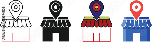 Storefront location icon illustration, business map artwork design, retail shop symbol graphic, navigation marker drawing, colorful store artwork, branding signage design