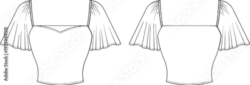 Women’s tops fashion illustration, pleated sleeve design, square neckline styles, sweetheart neckline variation, fitted bodice, casual wear, technical flat sketch, vector CAD drawing