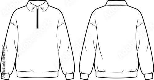 Pullover sweatshirt flat sketch, half zip jacket design, ribbed cuffs hem, CAD fashion illustration, technical garment drawing, vector apparel template
