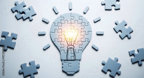 Lightbulb made of puzzle pieces with glowing filament on white