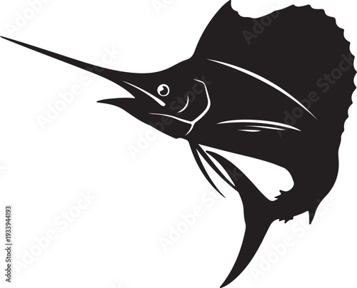 Dynamic black silhouette of a sailfish leaping, showcasing its distinctive bill and large dorsal fin against a white background.