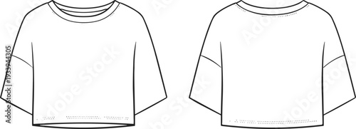 Short-sleeved crop top fashion illustration, round neckline design, wide sleeve detail, straight hemline cropped style, casual wear, technical flat sketch, vector CAD drawing