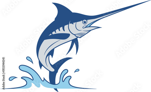 Blue marlin fish leaps dynamically from ocean water creating a splash.