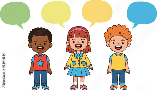 Colorful Illustration of Three Kids with Speech Bubbles for Social Media, Educational Content, and Communication Designs