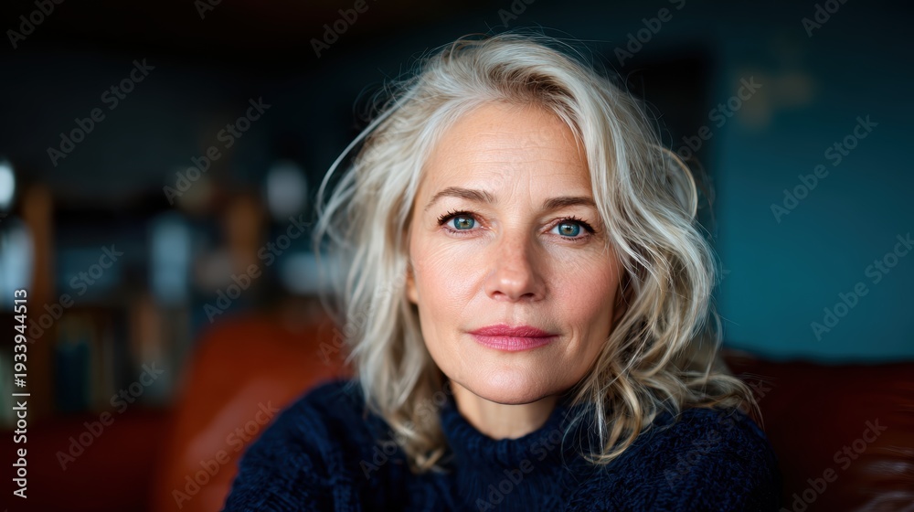 Fototapeta premium A close-up portrait of a mature woman showcasing her natural beauty, with soft features and thoughtful expression, reflecting wisdom and grace in her life journey.