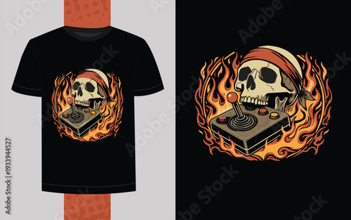 Retro gamer skull wearing bandana biting vintage joystick in flames vector illustration for tshirt