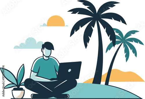 Man working remotely on laptop at tropical beach with palm trees vector illustration
