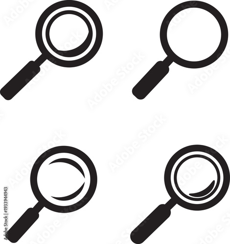Four black magnifying glasses in silhouette style