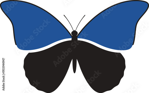 Stylized blue and black butterfly graphic design stands out against white.