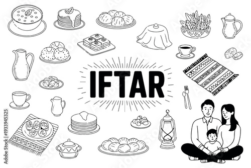 Ramadan Iftar line art illustration with a Muslim family. Iftar celebration vector set with family and traditional food icons. Minimalist Iftar food icons