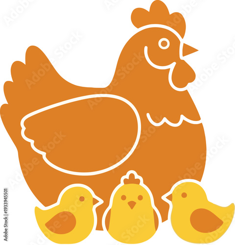 Mother hen protects her three small yellow chicks beneath her wings closely.