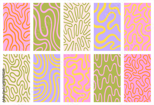 Abstract line backgrounds set. Vertical video size templates. Twisted curved distorted lines curved wiggling stripes waves. Сhaotic groovy patterns. Doodle uneven hand drawn wavy organic winding lines