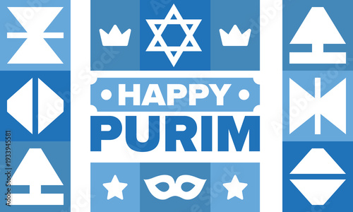 Purim. Happy Purim. Traditional Jewish religious holiday. Star of David, Carnival mask. Israel history. Сelebrated by a masquerade and festival. Poster art. Vector illustration