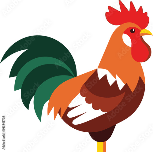 Rooster with bright red comb stands proudly displaying colorful tail.
