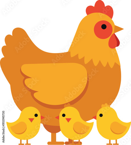 Mother hen protects her three small yellow chicks standing closely together.