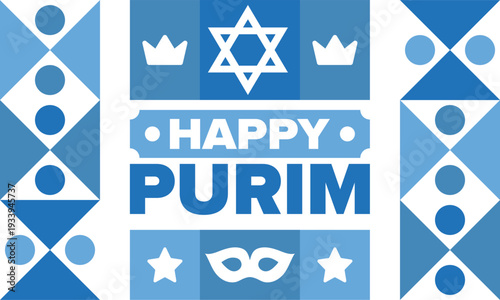 Purim. Happy Purim. Traditional Jewish religious holiday. Star of David, Carnival mask. Israel history. Сelebrated by a masquerade and festival. Poster art. Vector illustration