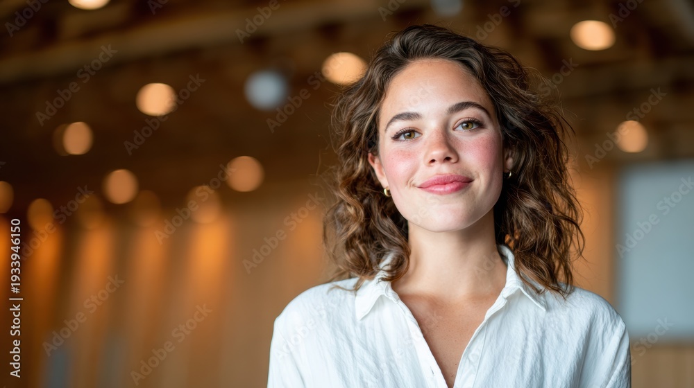 Obraz premium A smiling woman in a casual white shirt stands confidently, embodying approachability and positivity, set against a warm, inviting backdrop of soft lighting and natural wood.