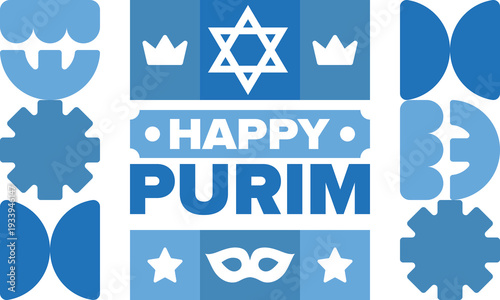 Purim. Happy Purim. Traditional Jewish religious holiday. Star of David, Carnival mask. Israel history. Сelebrated by a masquerade and festival. Poster art. Vector illustration