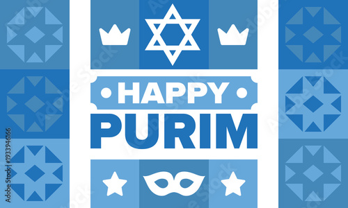 Purim. Happy Purim. Traditional Jewish religious holiday. Star of David, Carnival mask. Israel history. Сelebrated by a masquerade and festival. Poster art. Vector illustration
