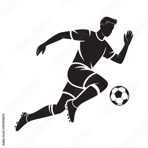 Silhouette of a soccer player in action with a nearby ball