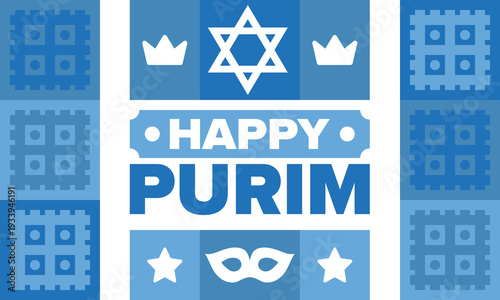 Purim. Happy Purim. Traditional Jewish religious holiday. Star of David, Carnival mask. Israel history. Сelebrated by a masquerade and festival. Poster art. Vector illustration