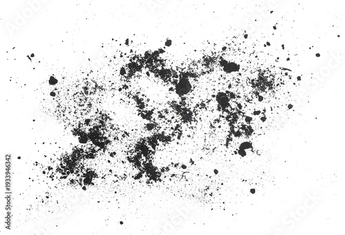 Scattered pile of black soil isolated on a white background, top view. Dirt, humus.