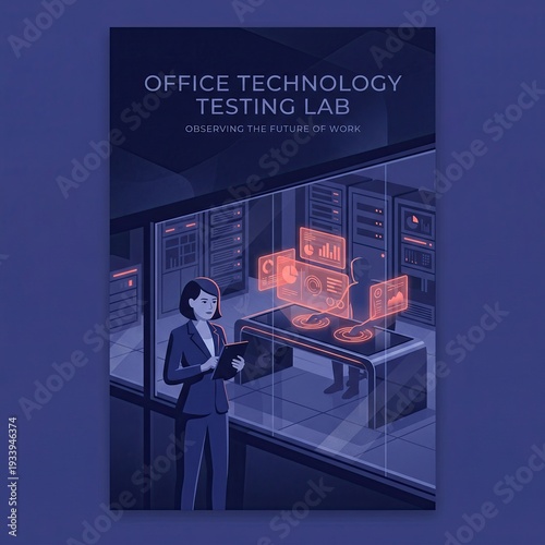 Office Technology Testing Lab Illustration With Server Room Analytics and Digital Workplace Monitoring