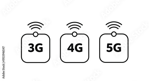  Mobile network generation icon set with 3G 4G and 5G wireless signals