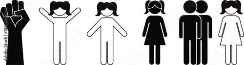 Set of silhouette icons featuring a raised fist, girls in various poses, and a couple for social and community concepts