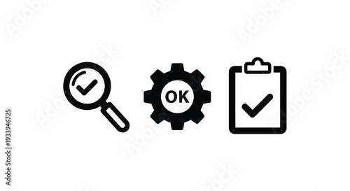 Quality control and project completion icon set with magnifying glass gear and clipboard
