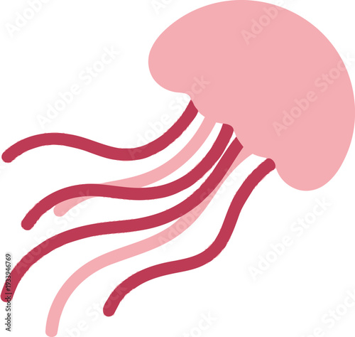 Pink jellyfish floats gracefully with trailing tentacles in clear blue water.