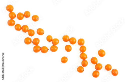 Ripe fresh sea buckthorn berries isolated on a white background, top view. Hippophae salicifolia.