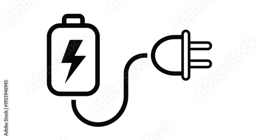 Modern outline icon of a battery charging with an electric power plug and lightning bolt symbol