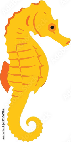 Yellow seahorse illustration displays its curled tail and distinctive equine.