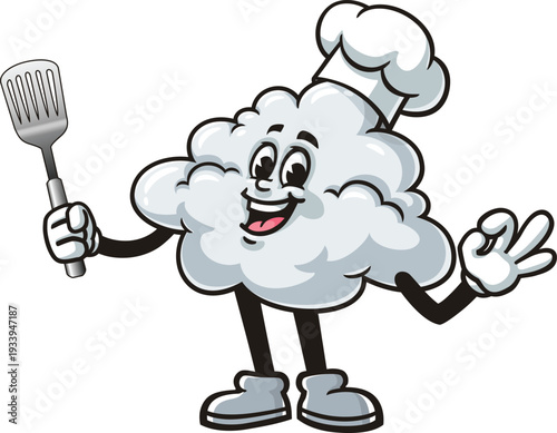 Cloud mascot cartoon holding a spatula and wearing a chef's hat