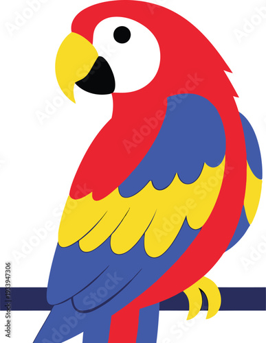 Vibrant scarlet macaw parrot perched on a branch with bright tropical.