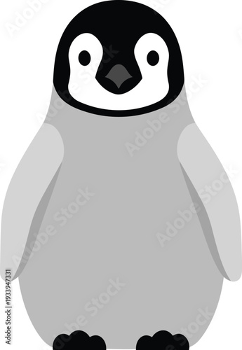 Cute baby penguin illustration stands facing forward with simple gray.