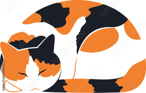 Calico cat sleeps curled up in a tight circle on a white surface.